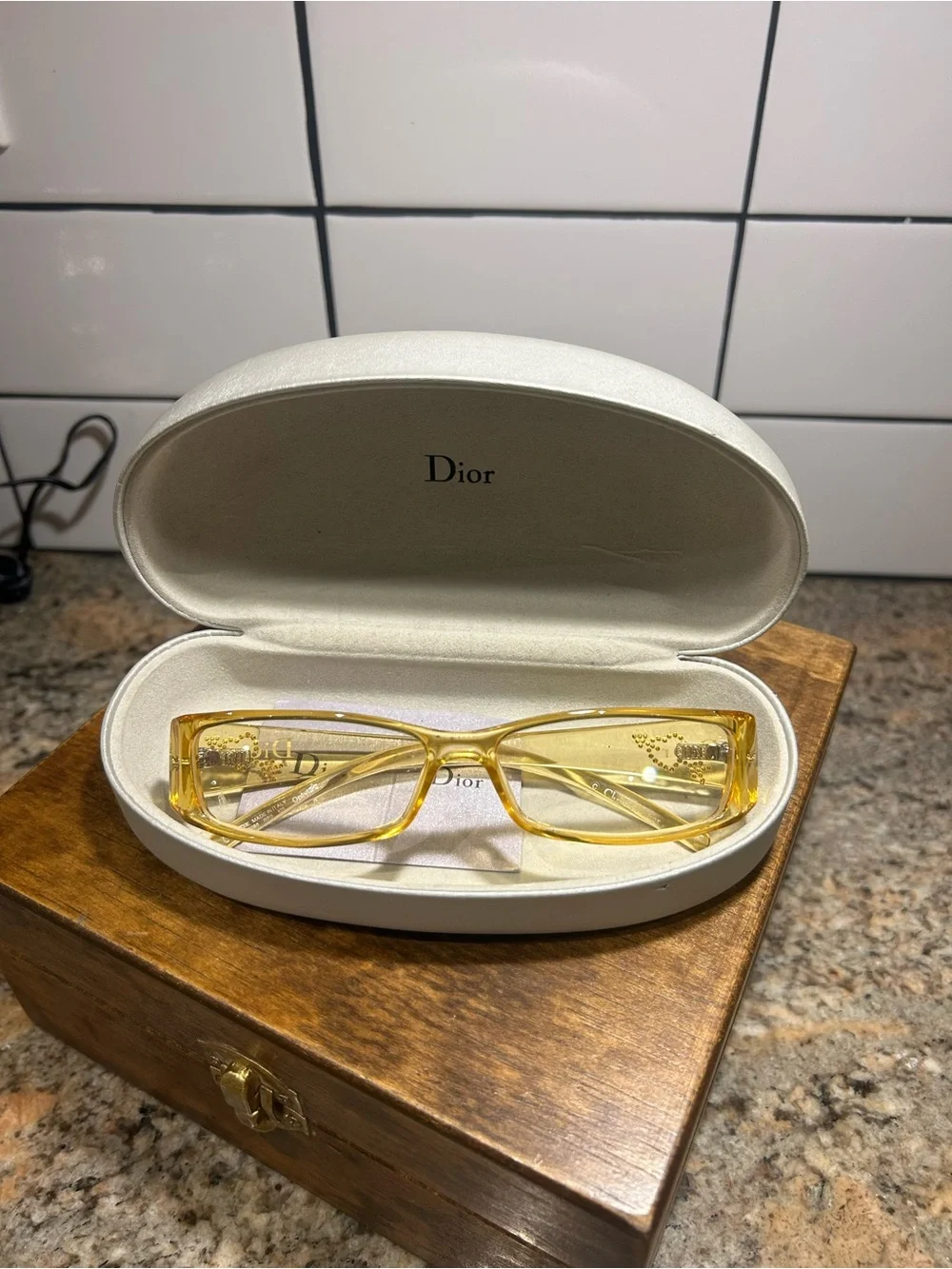 Dior Yellow Y2K Glasses w/Case Rhinestone design on frame